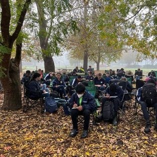 Students working collectively outdoors